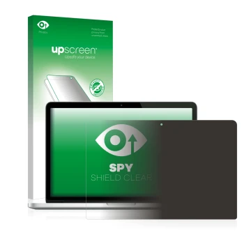 Parte frontal de un envase de producto con el logotipo de la marca upscreen. Al lado se muestra el dispositivo Apple MacBook P