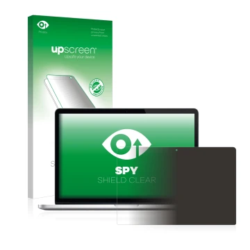 Parte frontal de un envase de producto con el logotipo de la marca upscreen. Al lado se muestra el dispositivo Apple MacBook P
