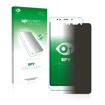 Parte frontal de un envase de producto con el logotipo de la marca upscreen. Al lado se muestra el dispositivo Xiaomi Redmi 5 