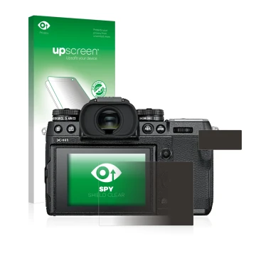 Parte frontal de un envase de producto con el logotipo de la marca upscreen. Al lado se muestra el dispositivo Fujifilm X-H1 c