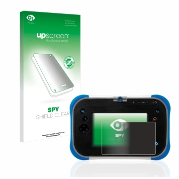 Parte frontal de un envase de producto con el logotipo de la marca upscreen. Al lado se muestra el dispositivo Vtech Storio Ma