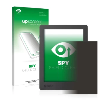 Parte frontal de un envase de producto con el logotipo de la marca upscreen. Al lado se muestra el dispositivo Kobo Aura H2O E