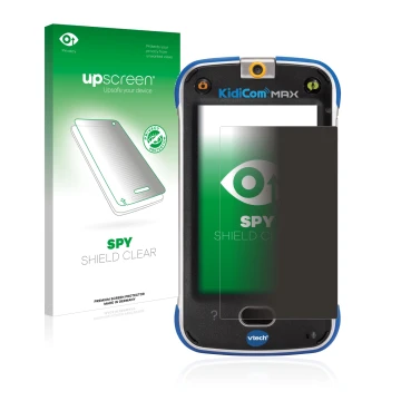 Parte frontal de un envase de producto con el logotipo de la marca upscreen. Al lado se muestra el dispositivo Vtech Kidicom M