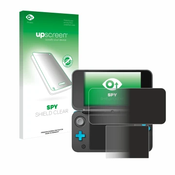 Parte frontal de un envase de producto con el logotipo de la marca upscreen. Al lado se muestra el dispositivo New Nintendo 2D