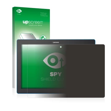 Parte frontal de un envase de producto con el logotipo de la marca upscreen. Al lado se muestra el dispositivo Lenovo Tab 10 T