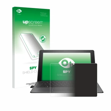 Parte frontal de un envase de producto con el logotipo de la marca upscreen. Al lado se muestra el dispositivo HP Pro x2 612 G