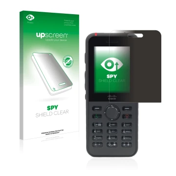Parte frontal de un envase de producto con el logotipo de la marca upscreen. Al lado se muestra el dispositivo Cisco IP Phone 