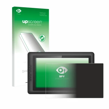 Parte frontal de un envase de producto con el logotipo de la marca upscreen. Al lado se muestra el dispositivo XP-Pen Artist 1