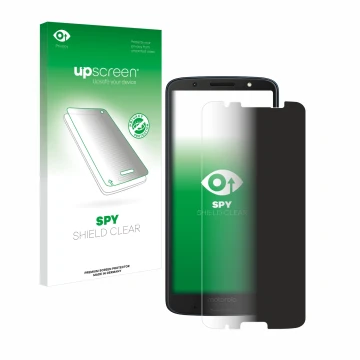 Parte frontal de un envase de producto con el logotipo de la marca upscreen. Al lado se muestra el dispositivo Motorola Moto G