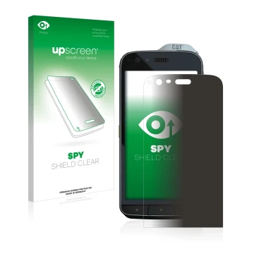 Parte frontal de un envase de producto con el logotipo de la marca upscreen. Al lado se muestra el dispositivo Caterpillar Cat