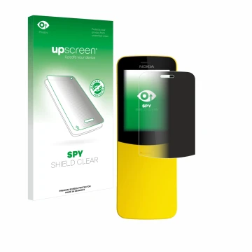 Parte frontal de un envase de producto con el logotipo de la marca upscreen. Al lado se muestra el dispositivo Nokia 8110 con 