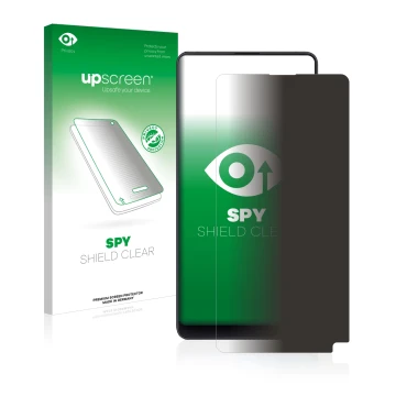 Parte frontal de un envase de producto con el logotipo de la marca upscreen. Al lado se muestra el dispositivo Xiaomi Mi Mix 2