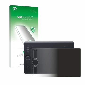 Parte frontal de un envase de producto con el logotipo de la marca upscreen. Al lado se muestra el dispositivo Wacom Intuos Pr