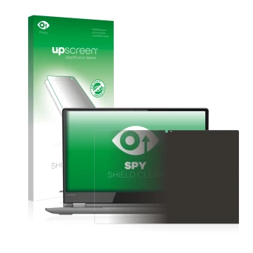 Parte frontal de un envase de producto con el logotipo de la marca upscreen. Al lado se muestra el dispositivo Lenovo Yoga 530