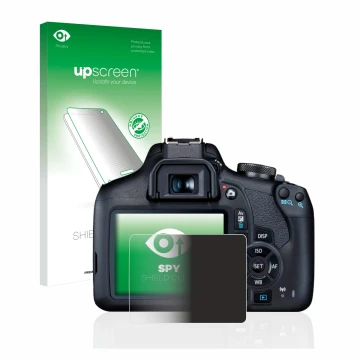 Parte frontal de un envase de producto con el logotipo de la marca upscreen. Al lado se muestra el dispositivo Canon EOS 2000D