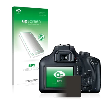 Parte frontal de un envase de producto con el logotipo de la marca upscreen. Al lado se muestra el dispositivo Canon EOS 4000D