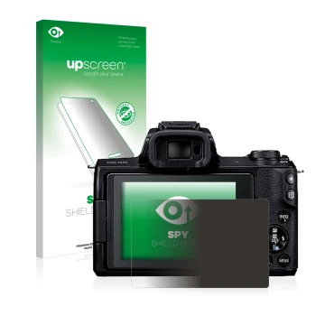 Parte frontal de un envase de producto con el logotipo de la marca upscreen. Al lado se muestra el dispositivo Canon EOS M50 c