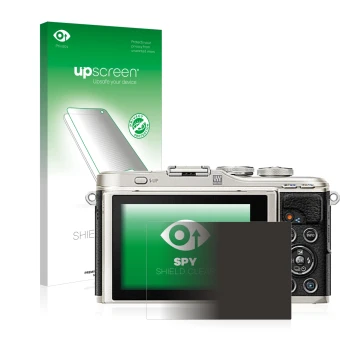 Parte frontal de un envase de producto con el logotipo de la marca upscreen. Al lado se muestra el dispositivo Olympus PEN E-P