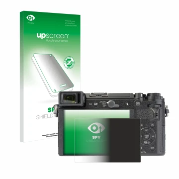 Parte frontal de un envase de producto con el logotipo de la marca upscreen. Al lado se muestra el dispositivo Panasonic Lumix