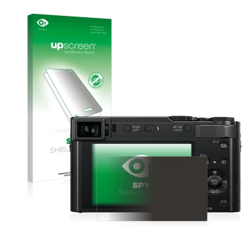 Parte frontal de un envase de producto con el logotipo de la marca upscreen. Al lado se muestra el dispositivo Panasonic Lumix