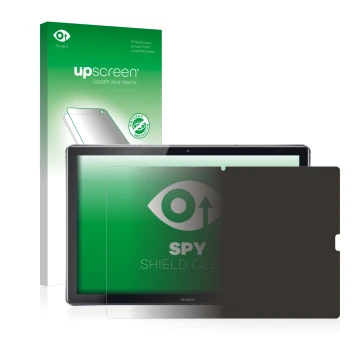 Parte frontal de un envase de producto con el logotipo de la marca upscreen. Al lado se muestra el dispositivo Huawei MediaPad