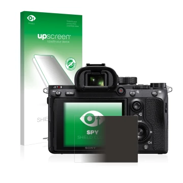 Parte frontal de un envase de producto con el logotipo de la marca upscreen. Al lado se muestra el dispositivo Sony Alpha 7R I
