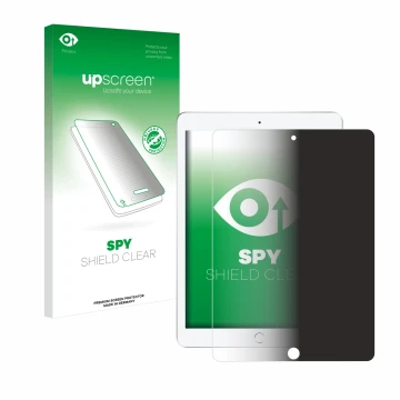 Parte frontal de un envase de producto con el logotipo de la marca upscreen. Al lado se muestra el dispositivo Apple iPad 9.7