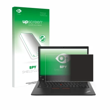Parte frontal de un envase de producto con el logotipo de la marca upscreen. Al lado se muestra el dispositivo Lenovo ThinkPad