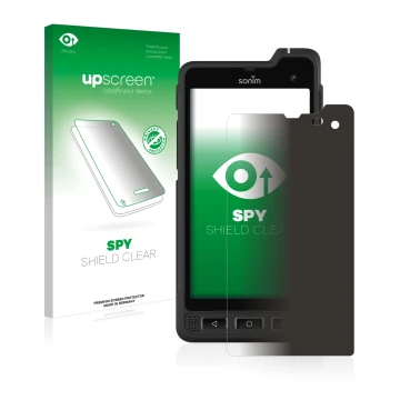 Parte frontal de un envase de producto con el logotipo de la marca upscreen. Al lado se muestra el dispositivo Sonim XP8 con s