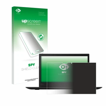 Parte frontal de un envase de producto con el logotipo de la marca upscreen. Al lado se muestra el dispositivo Lenovo ThinkPad