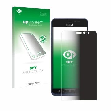 Parte frontal de un envase de producto con el logotipo de la marca upscreen. Al lado se muestra el dispositivo Doro 8035 con s