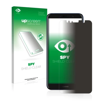 Parte frontal de un envase de producto con el logotipo de la marca upscreen. Al lado se muestra el dispositivo Huawei Y6 2018 