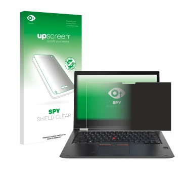 Parte frontal de un envase de producto con el logotipo de la marca upscreen. Al lado se muestra el dispositivo Lenovo ThinkPad