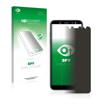 Parte frontal de un envase de producto con el logotipo de la marca upscreen. Al lado se muestra el dispositivo Samsung Galaxy 