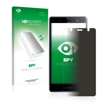 Parte frontal de un envase de producto con el logotipo de la marca upscreen. Al lado se muestra el dispositivo Sony Xperia XZ2