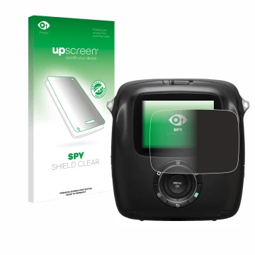 Parte frontal de un envase de producto con el logotipo de la marca upscreen. Al lado se muestra el dispositivo Fujifilm Instax