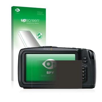 Parte frontal de un envase de producto con el logotipo de la marca upscreen. Al lado se muestra el dispositivo Blackmagic Pock