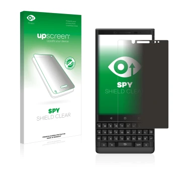 Parte frontal de un envase de producto con el logotipo de la marca upscreen. Al lado se muestra el dispositivo BlackBerry Key2