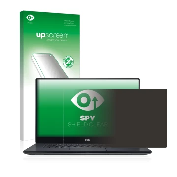 Parte frontal de un envase de producto con el logotipo de la marca upscreen. Al lado se muestra el dispositivo Dell XPS 15 956