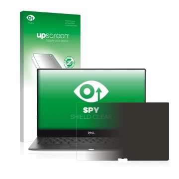 Parte frontal de un envase de producto con el logotipo de la marca upscreen. Al lado se muestra el dispositivo Dell XPS 13 937