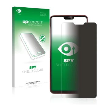 Parte frontal de un envase de producto con el logotipo de la marca upscreen. Al lado se muestra el dispositivo Oppo R15 Pro co