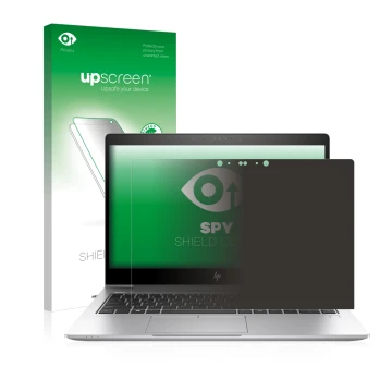 Parte frontal de un envase de producto con el logotipo de la marca upscreen. Al lado se muestra el dispositivo HP EliteBook 84