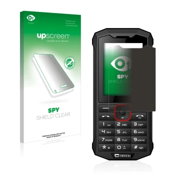 Parte frontal de un envase de producto con el logotipo de la marca upscreen. Al lado se muestra el dispositivo Crosscall Spide