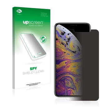 Parte frontal de un envase de producto con el logotipo de la marca upscreen. Al lado se muestra el dispositivo Apple iPhone Xs