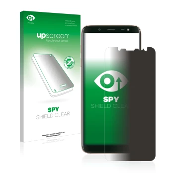 Parte frontal de un envase de producto con el logotipo de la marca upscreen. Al lado se muestra el dispositivo Samsung Galaxy 