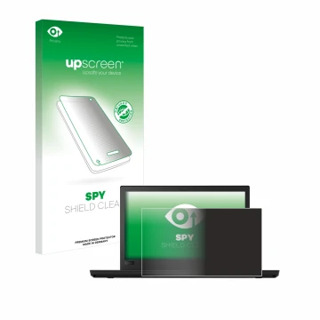 Parte frontal de un envase de producto con el logotipo de la marca upscreen. Al lado se muestra el dispositivo Lenovo ThinkPad