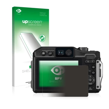 Parte frontal de un envase de producto con el logotipo de la marca upscreen. Al lado se muestra el dispositivo Panasonic Lumix