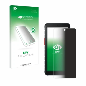 Parte frontal de un envase de producto con el logotipo de la marca upscreen. Al lado se muestra el dispositivo Samsung Galaxy 