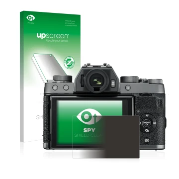 Parte frontal de un envase de producto con el logotipo de la marca upscreen. Al lado se muestra el dispositivo Fujifilm X-T100