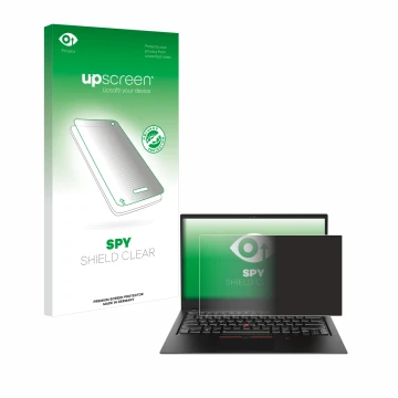 Parte frontal de un envase de producto con el logotipo de la marca upscreen. Al lado se muestra el dispositivo Lenovo ThinkPad